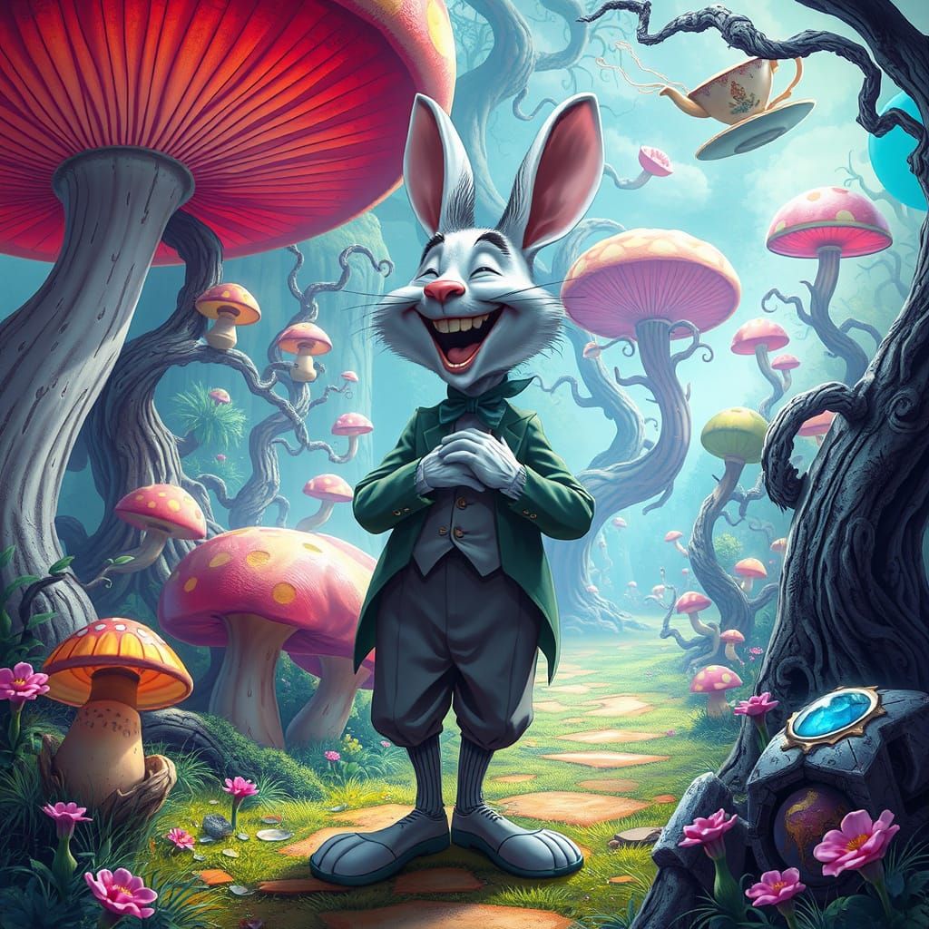 Laughing White Rabbit in Surreal Wonderland