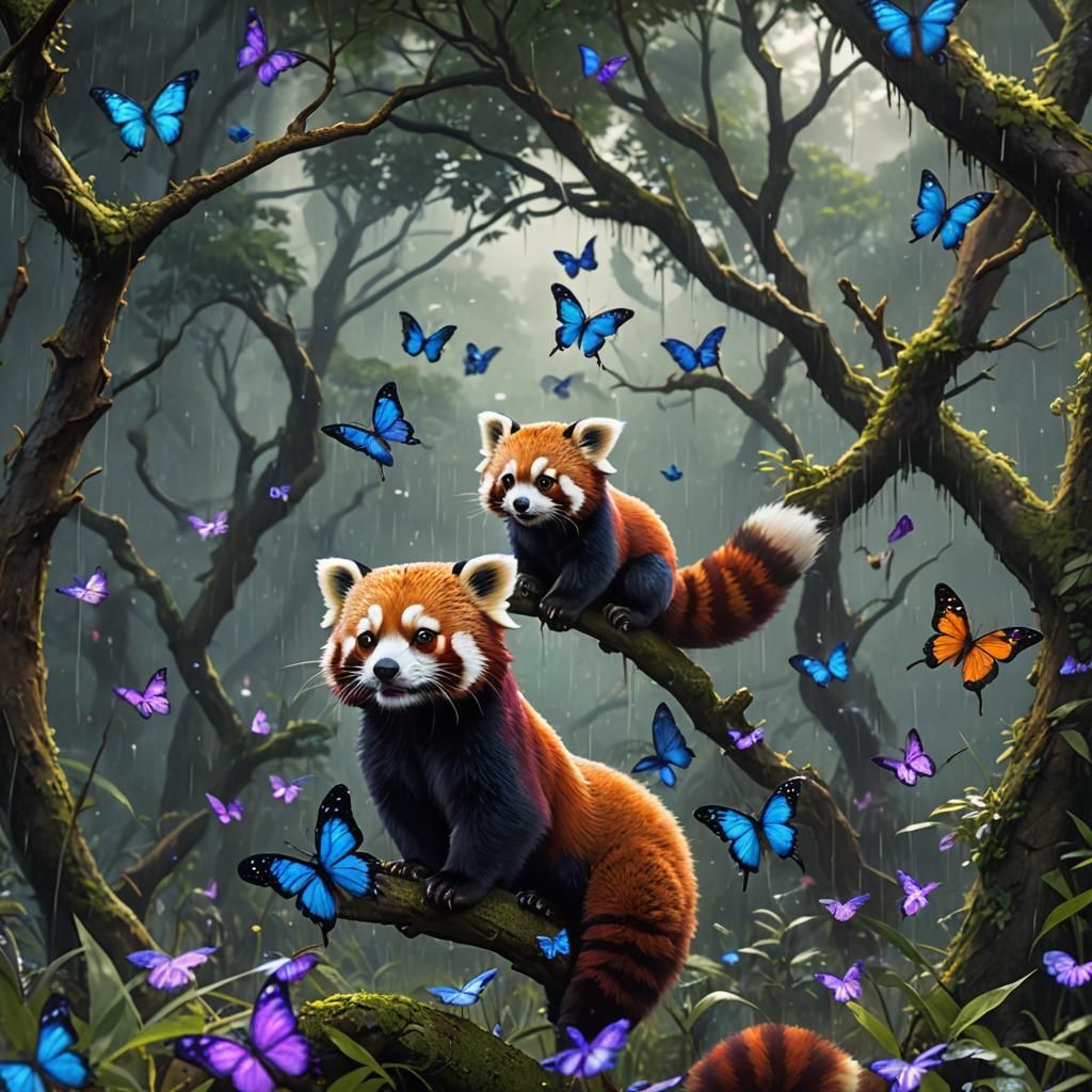 Red Panda and Butterflies in Rainy Forest