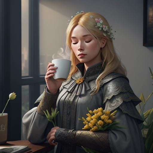 Blond Woman in Grey Office: a Matte Painting