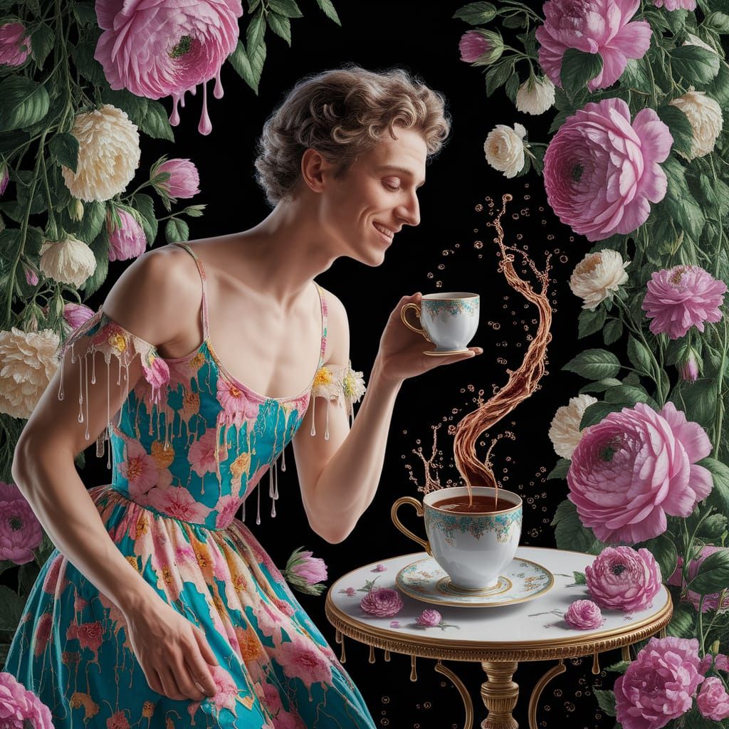 Man Enjoying Coffee in a Flower Field, Fine Art