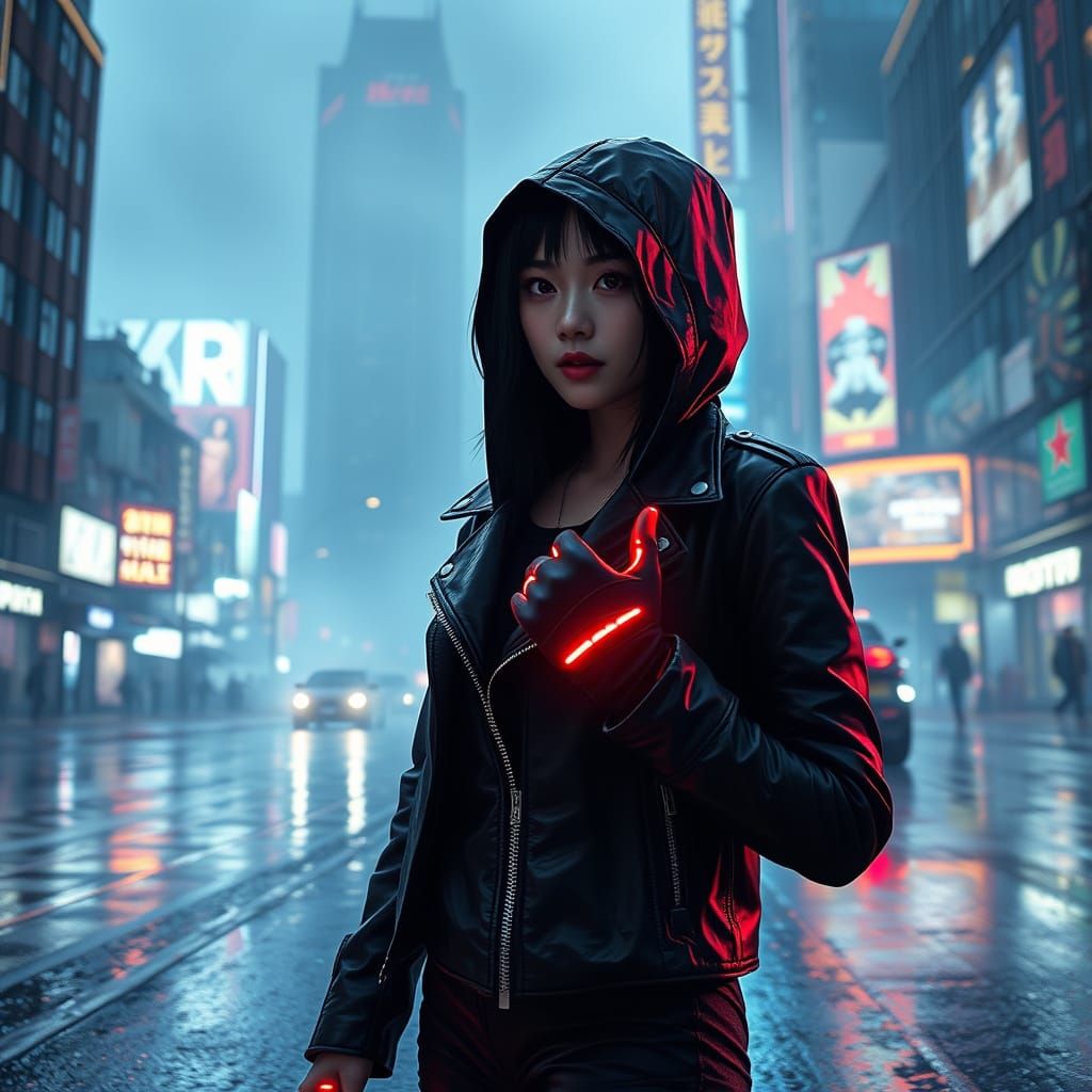 Cyberpunk Asian Protagonist Amidst Rainy Cityscape