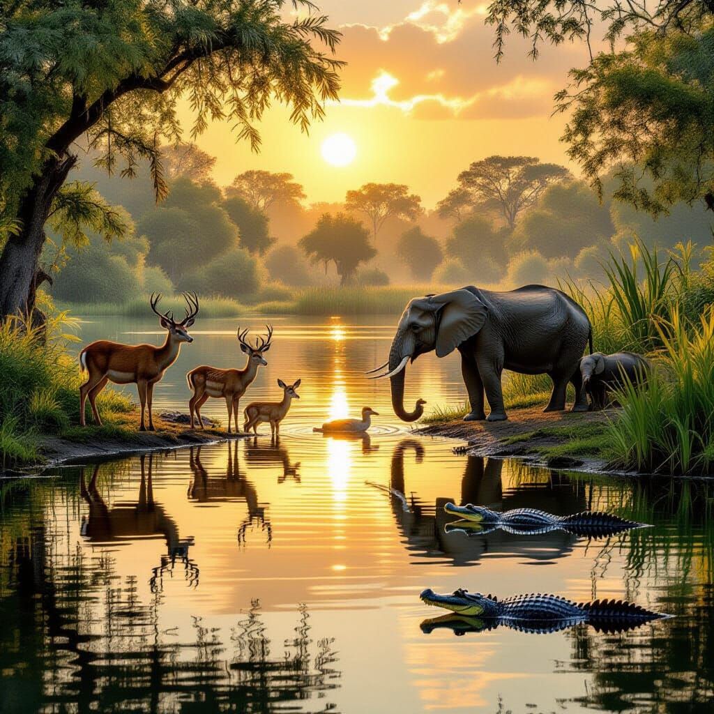 Wildlife at Dawn: A Serene Lakeside Scene