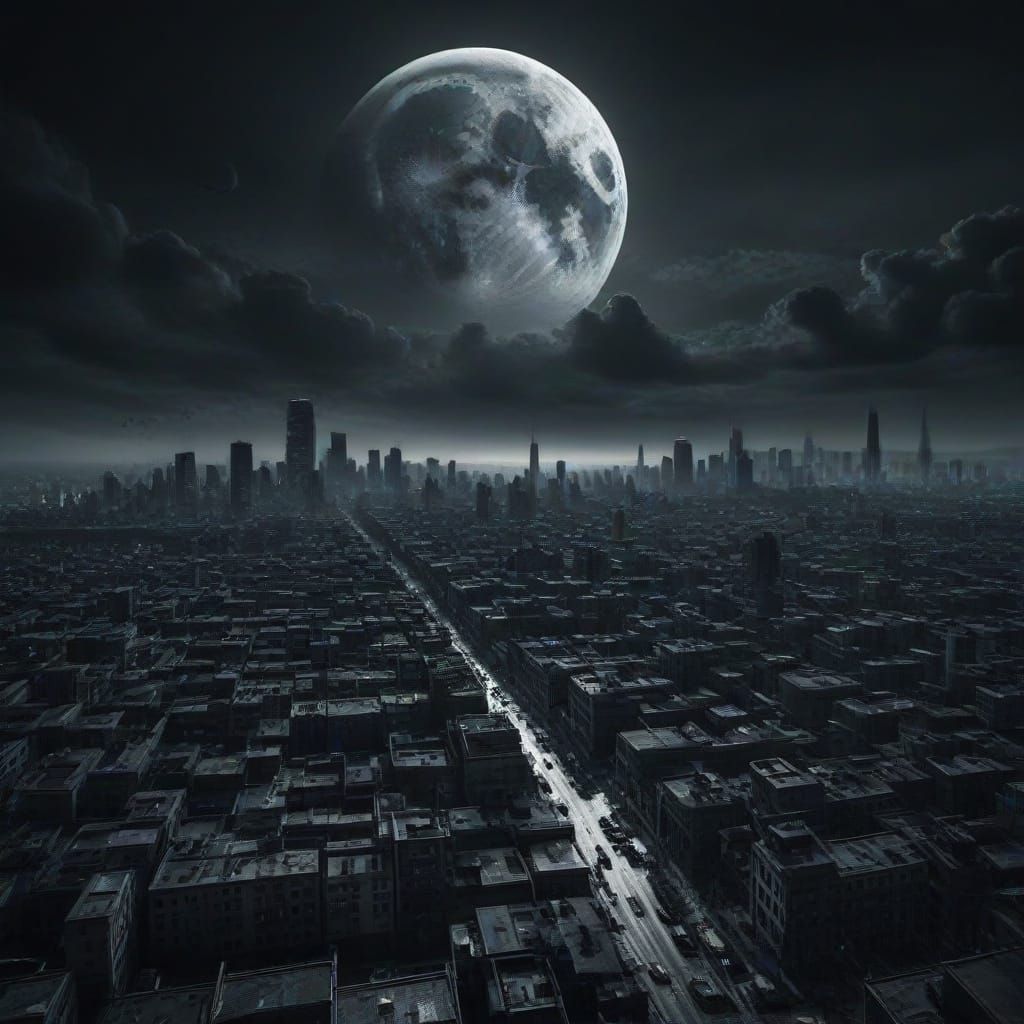 Black Moon Rises Over Apocalyptic Cityscape
