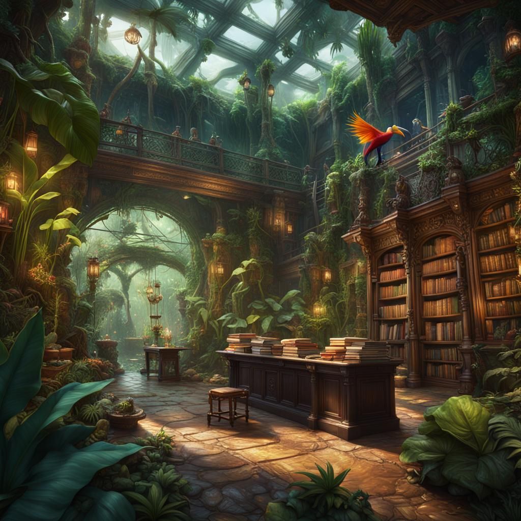 Tropical Jungle Bookstore: Fantasy Concept Art