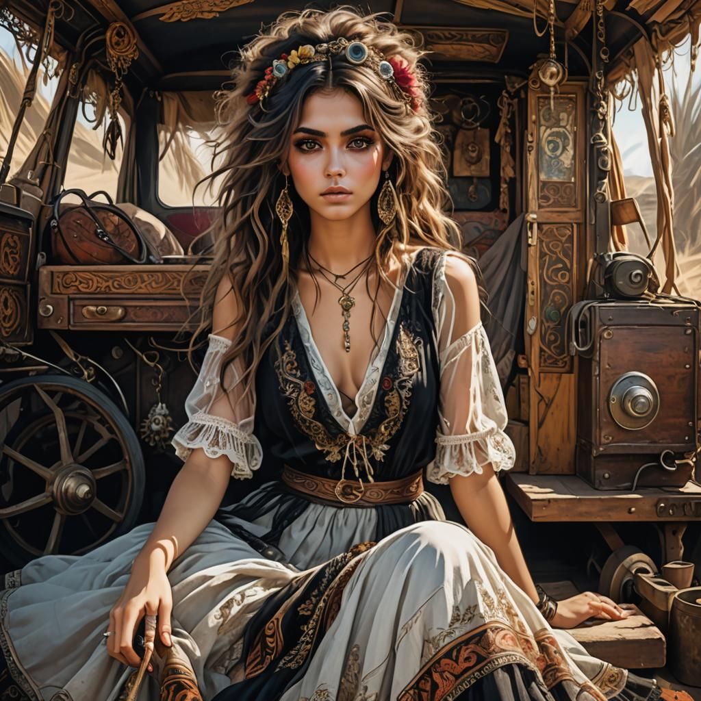 Boho Gypsy Woman with Fuzzy Creature, Alphonse Mucha Style