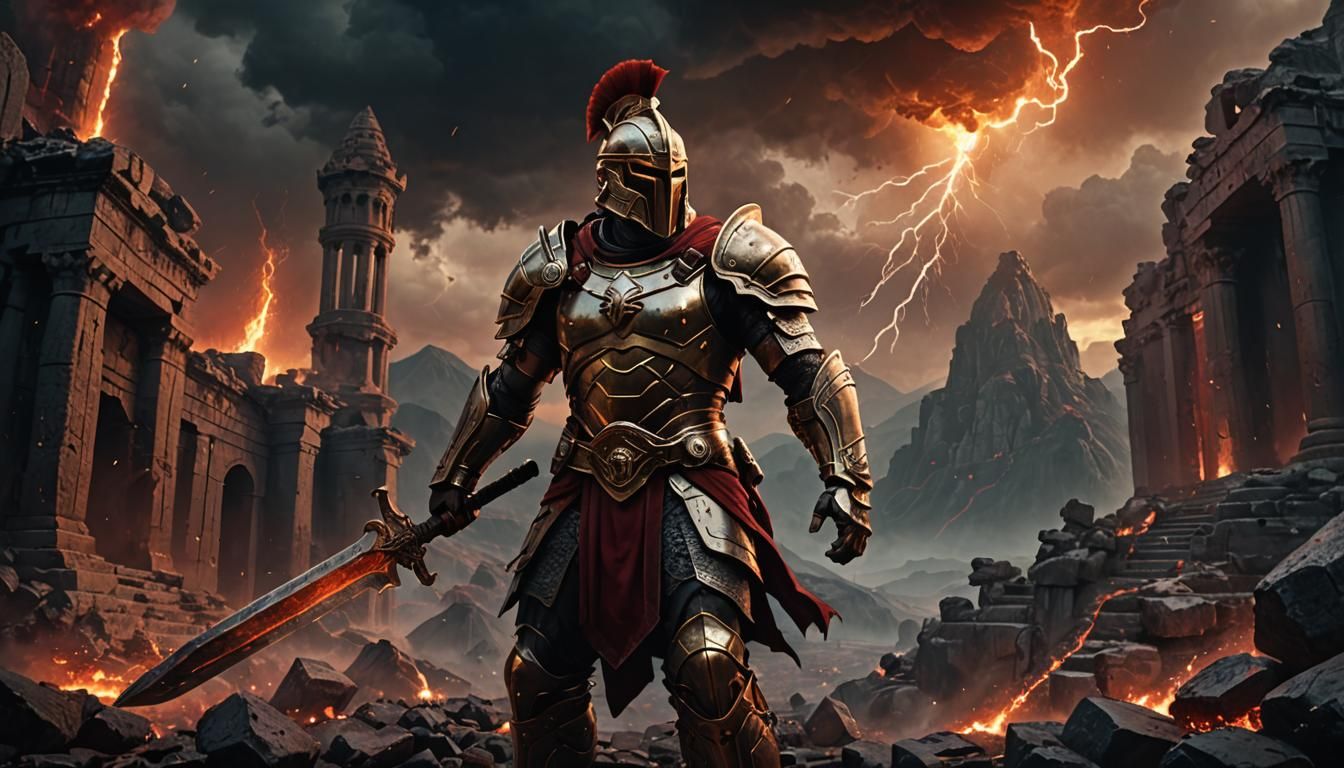 Warrior in Fiery Landscape: Dark Fantasy Concept Art
