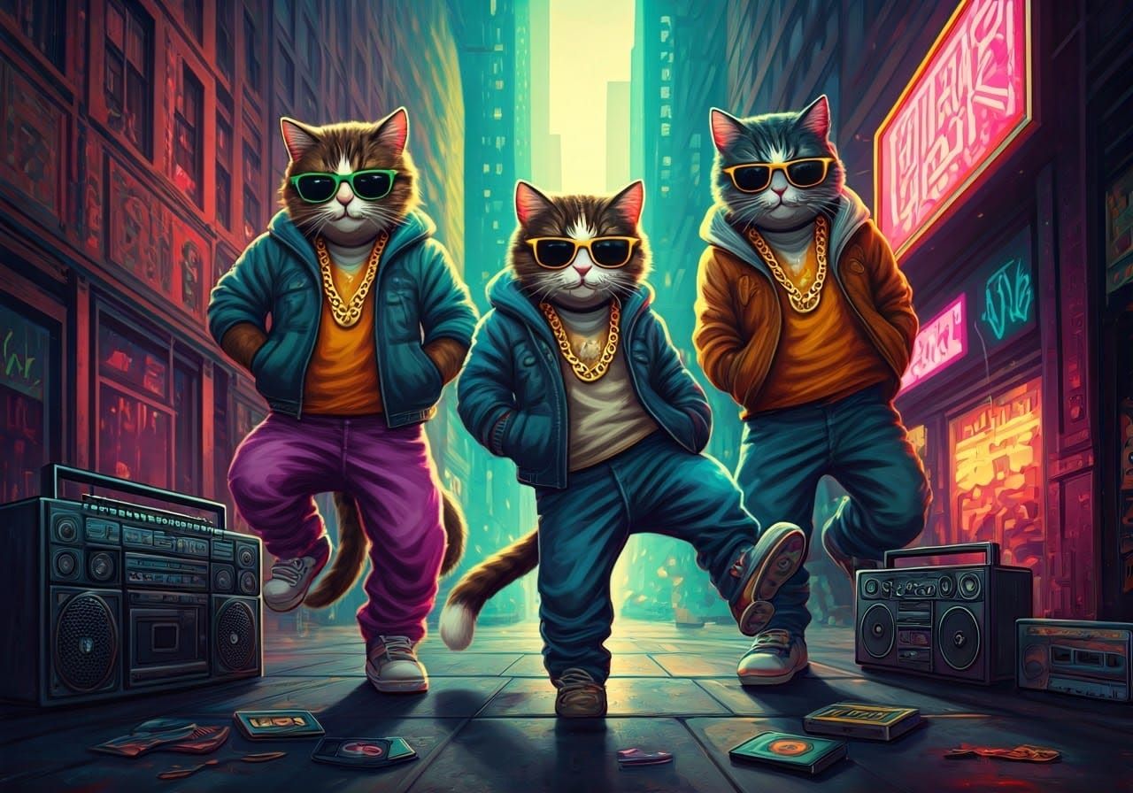 Hip-Hop Cats Breakdancing in Haring Style