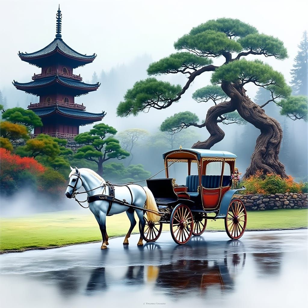 Elegant Horse-Drawn Carriage in Japanese Garden