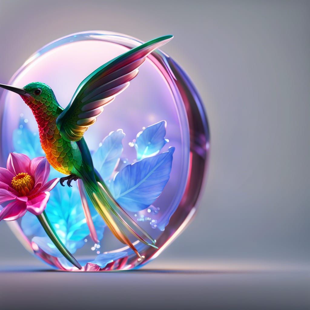 Crystal Hummingbird on Flower, Glass Figurine