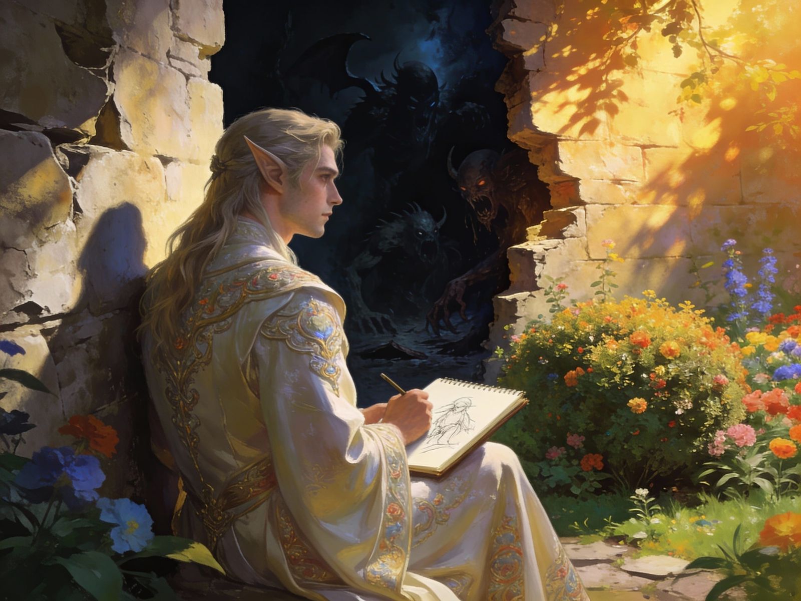 Elf Artist in Garden Contrasting Light and Dark