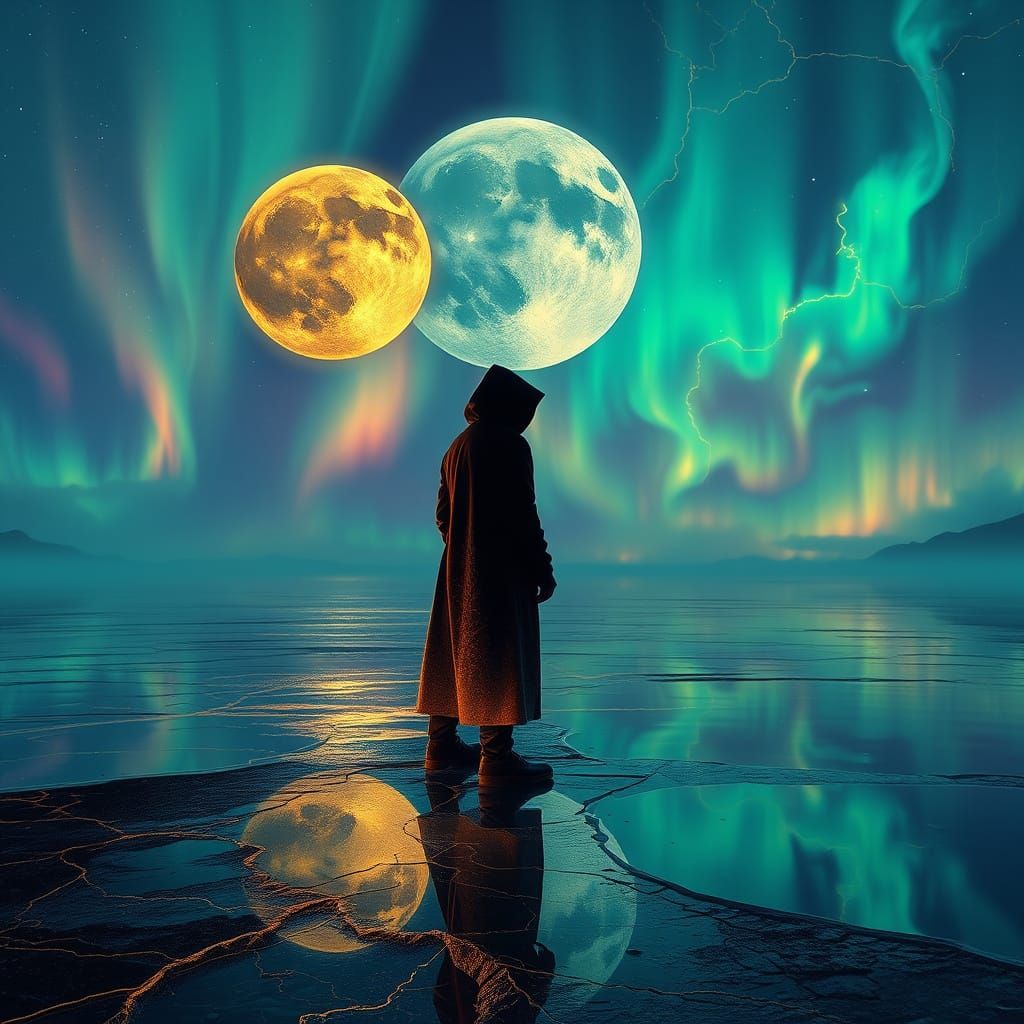 Fractured Moon Over Obsidian Lake in Hyperreal Style