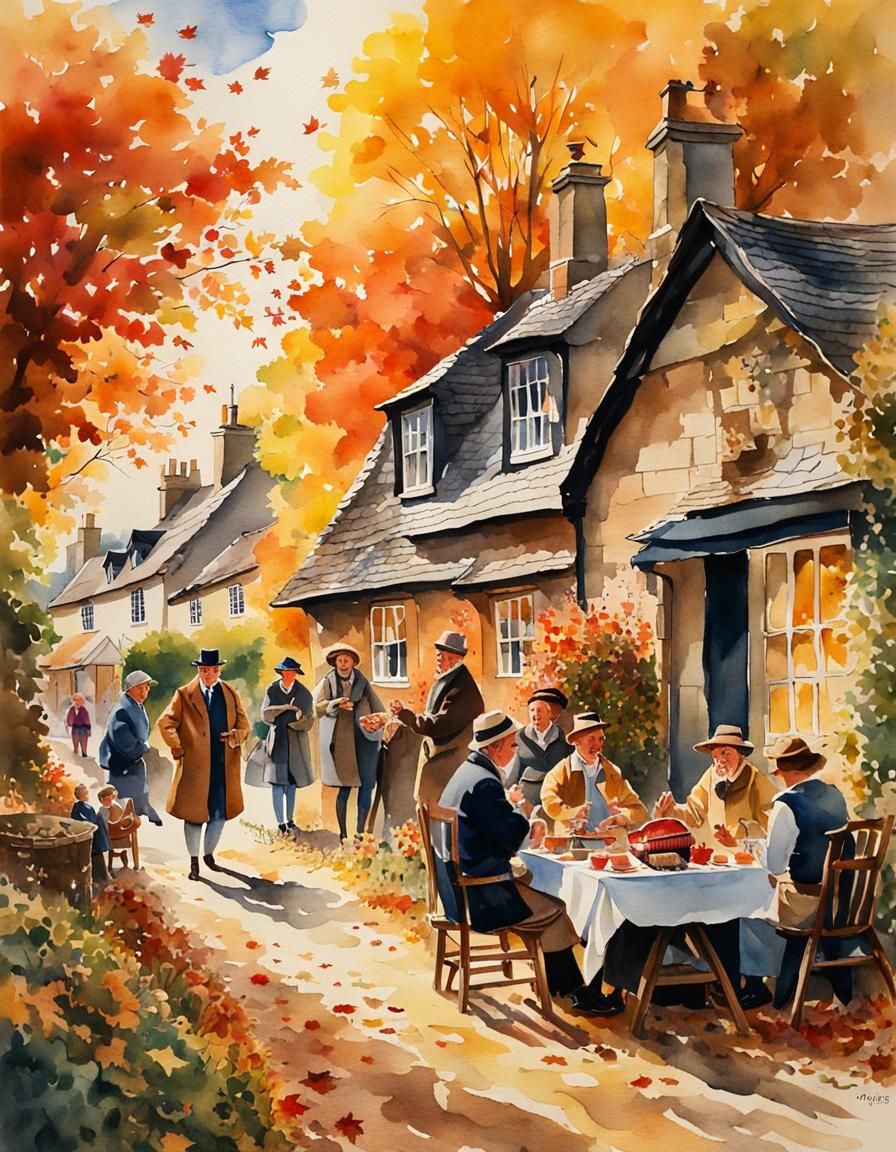 Idyllic Autumn BBQ in Cotswolds: Watercolor Impressionism