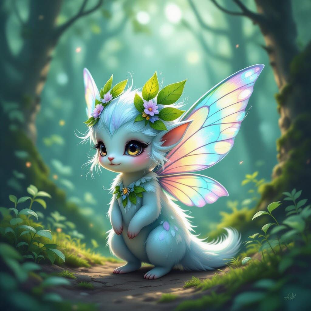 Mystical Forest Scene with Winged Creature as Illustration