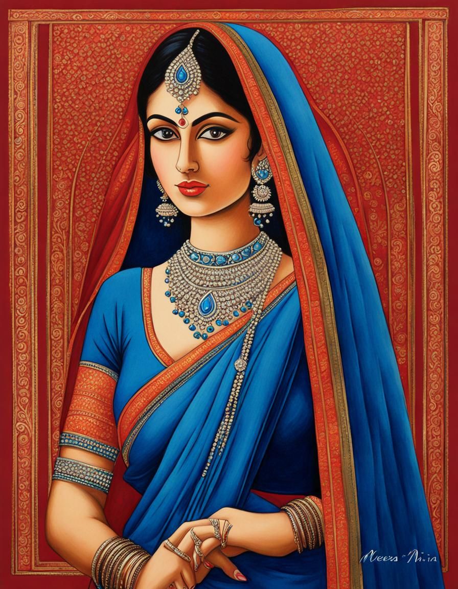 Mirabai in Blue Sari: Indian Miniature Painting