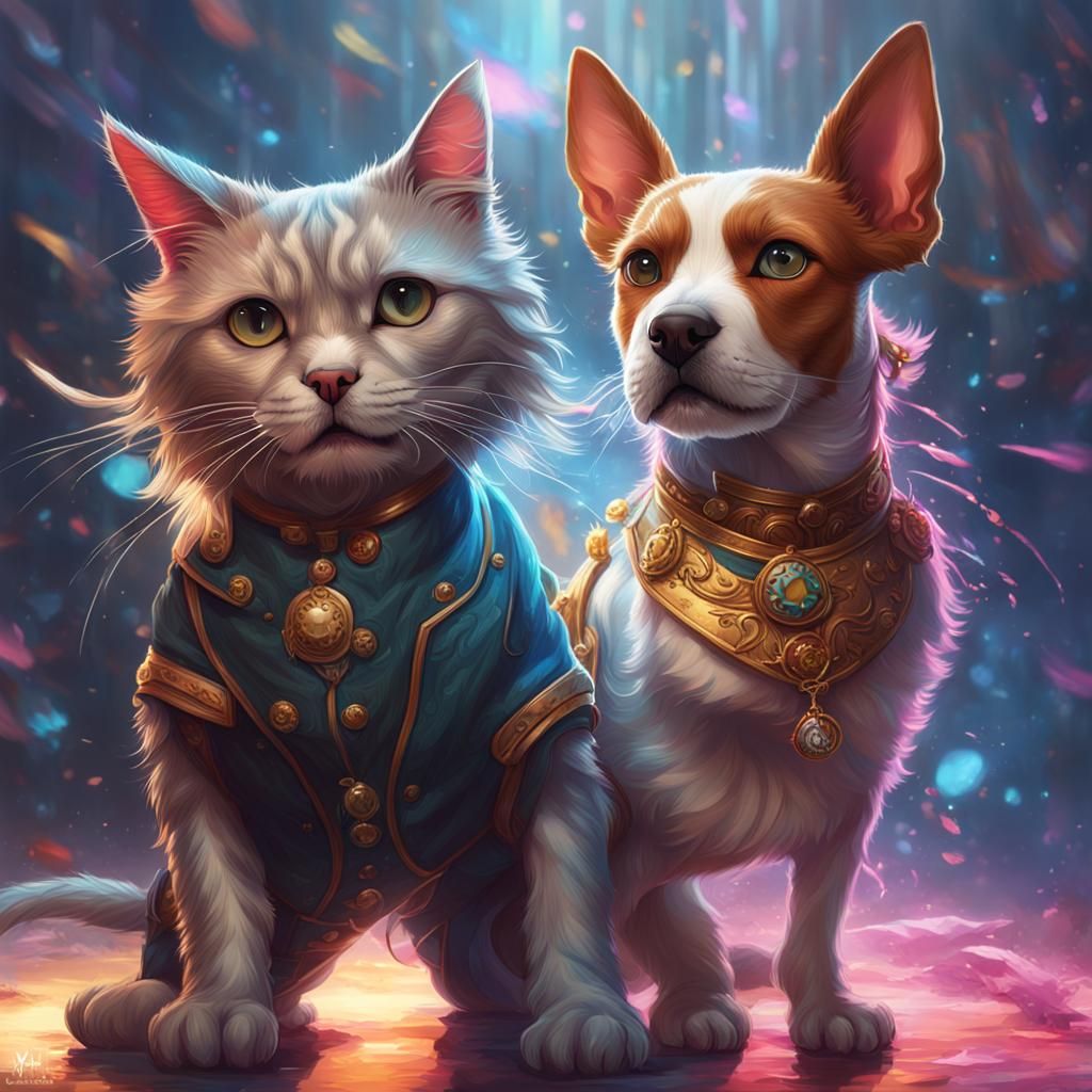Cat and Dog Dancing Portrait in Hyperdetailed Style
