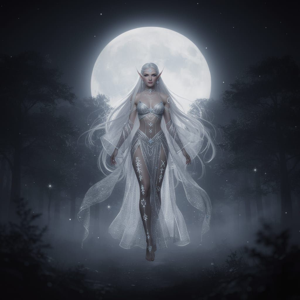 Celestial Elf Descends in Hyperrealistic Night Forest Scene