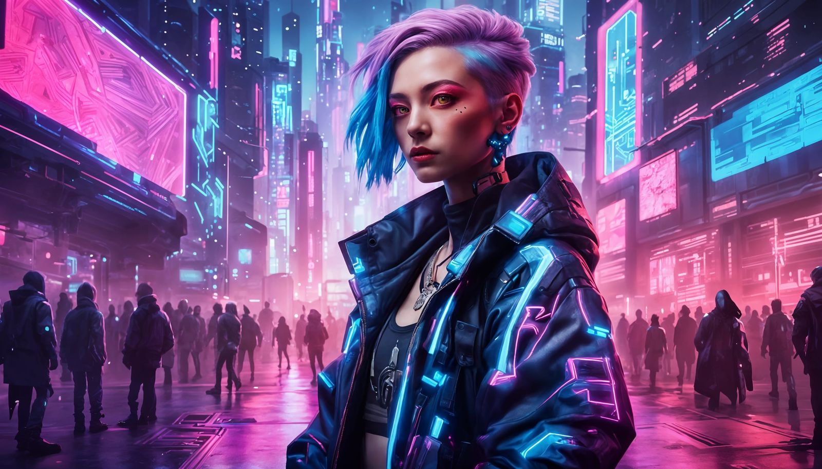 Cyberpunk Girl with Neon Hair in Futuristic City