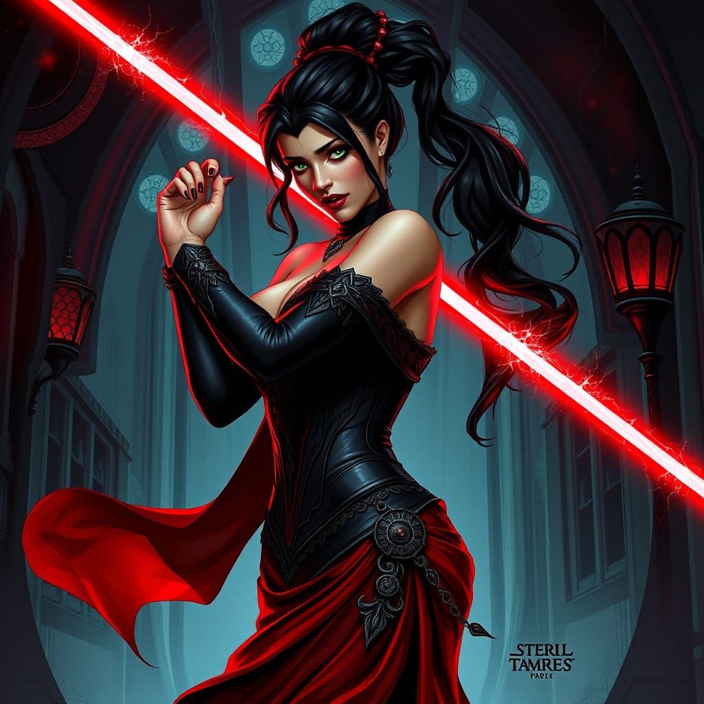 Cyberpunk Sith Sorceress in Dark Red and Black Ornate Costum...
