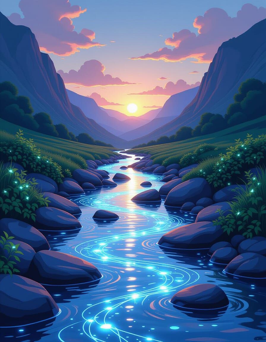Glowing River Valley at Dawn in Vintage Anime Style