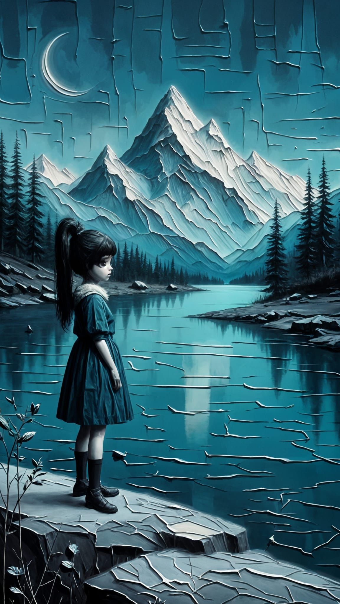 Sad Girl by Misty River with Mont Blanc at Night