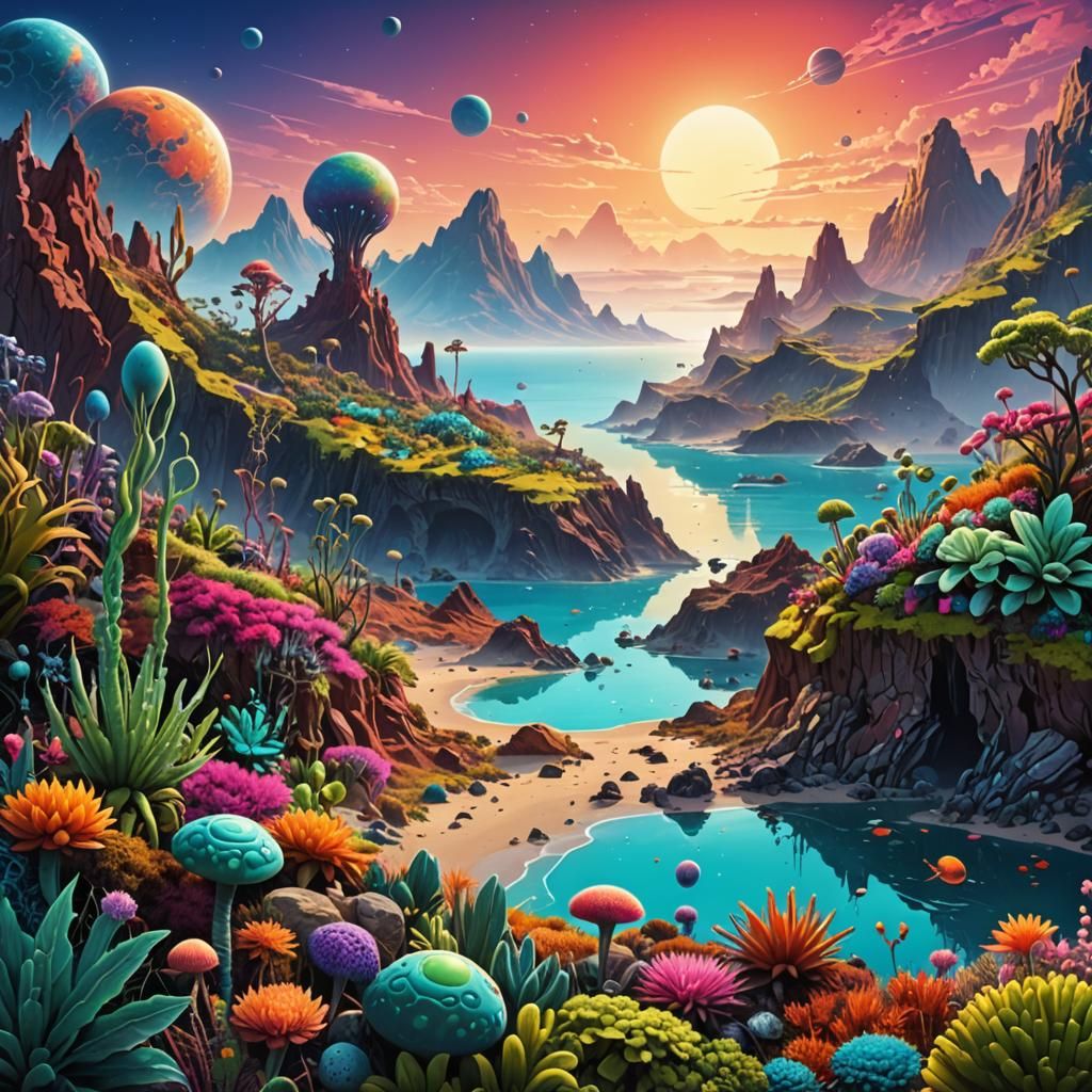 Alien Planet Shoreline with Whimsical Life