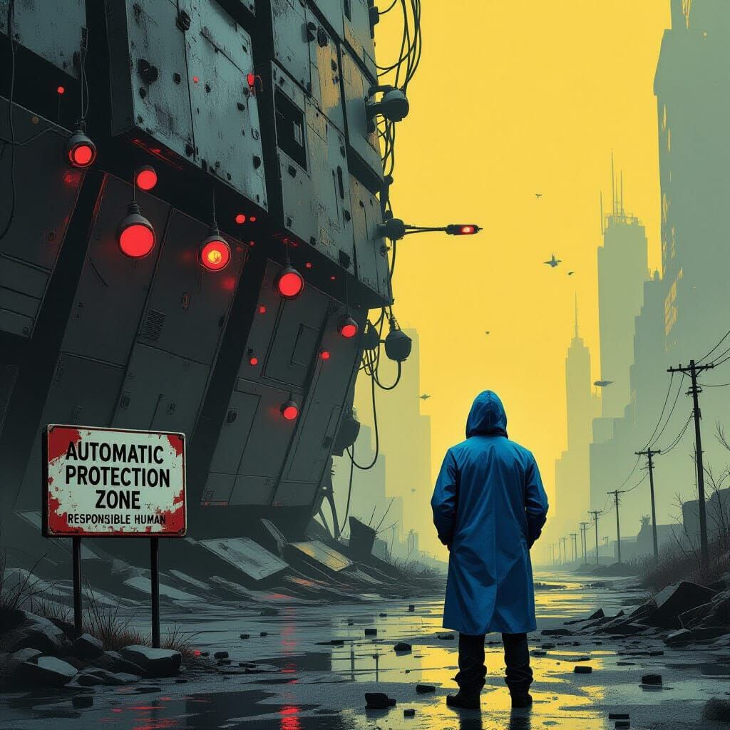 Dystopian Man Gazes at Ruined Wall in Protection Zone