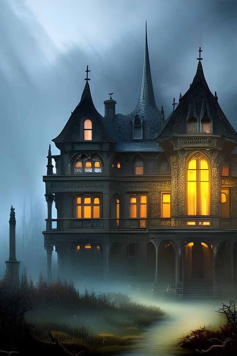 Desolate Gothic Manor House in Spooky Fog