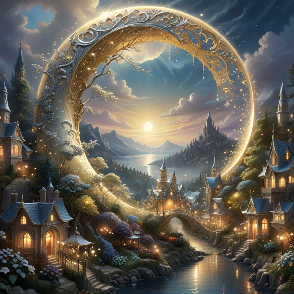 Metallic Gold Moon Holds Luminous Silver City