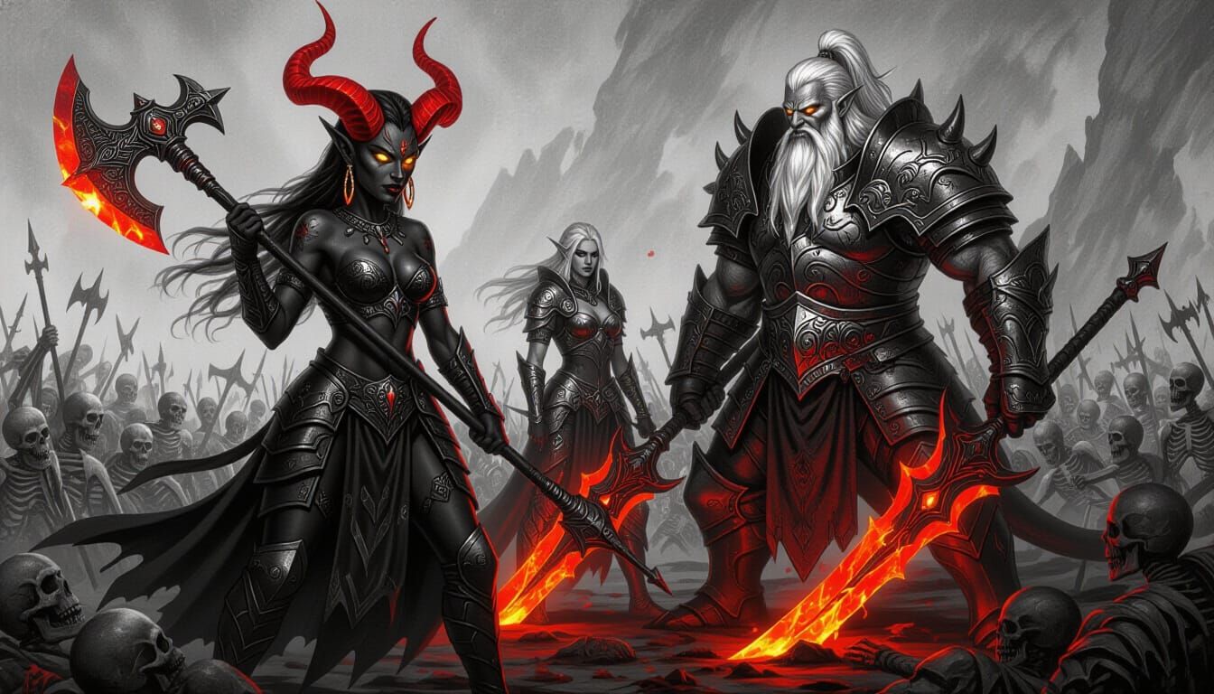 Demon Warrior Fights Undead with Elven Ally and Balrog