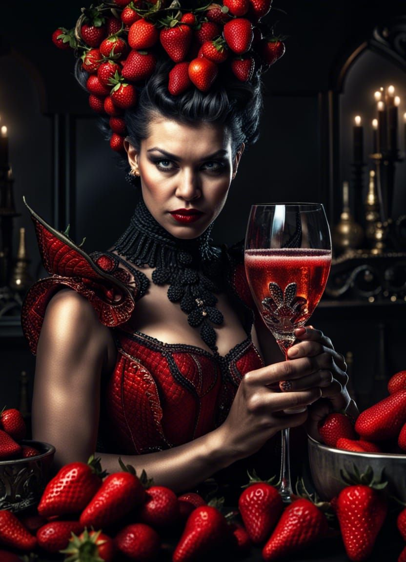 Hyperrealistic Diablesse with Champagne and Strawberries