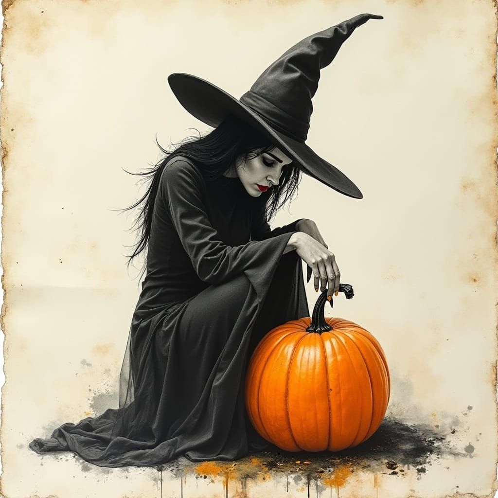 Minimalist Witch Licking Pumpkin in Ink Wash Style
