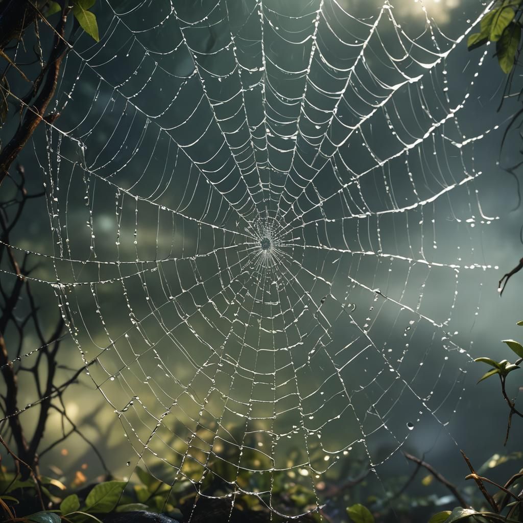 Wet Spiderweb in Soft Light: Detailed Matte Painting