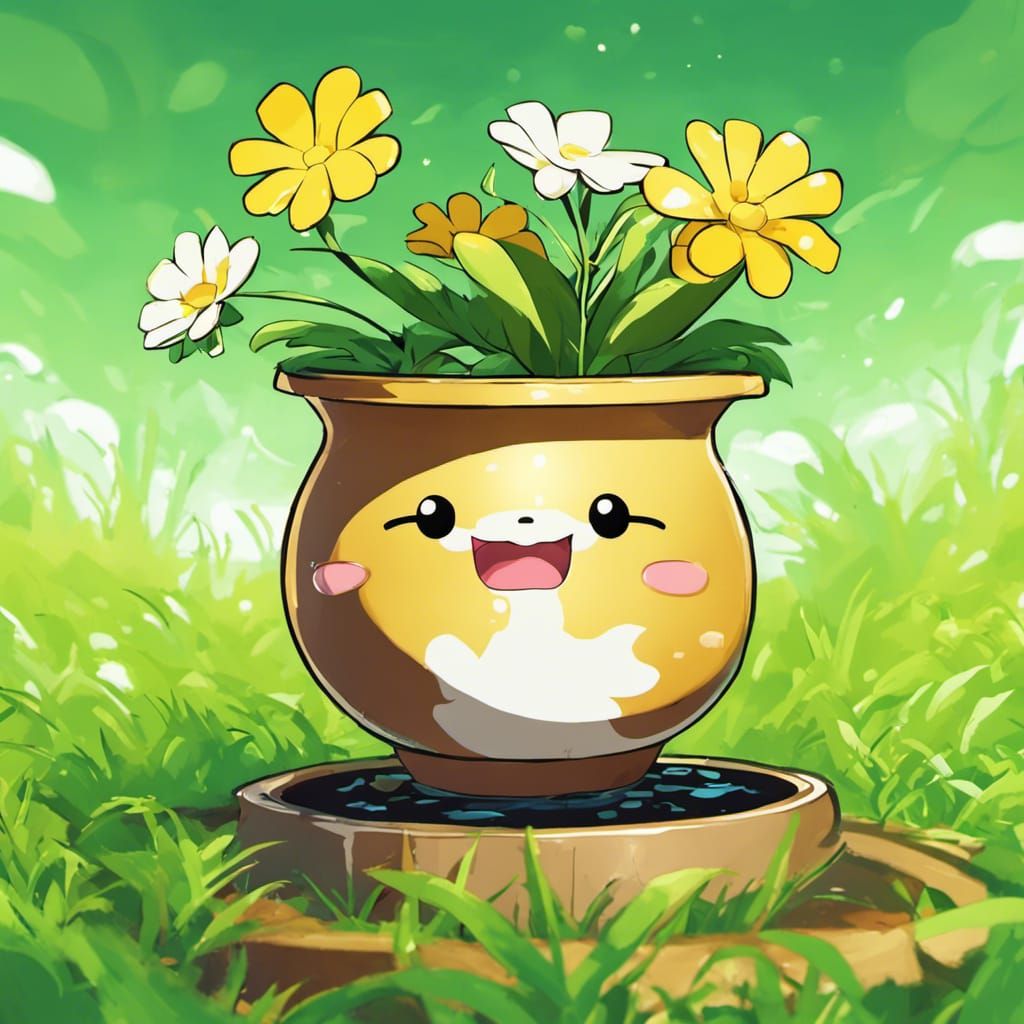 Chibi Slime Flower on Pot: Anime Digital Art
