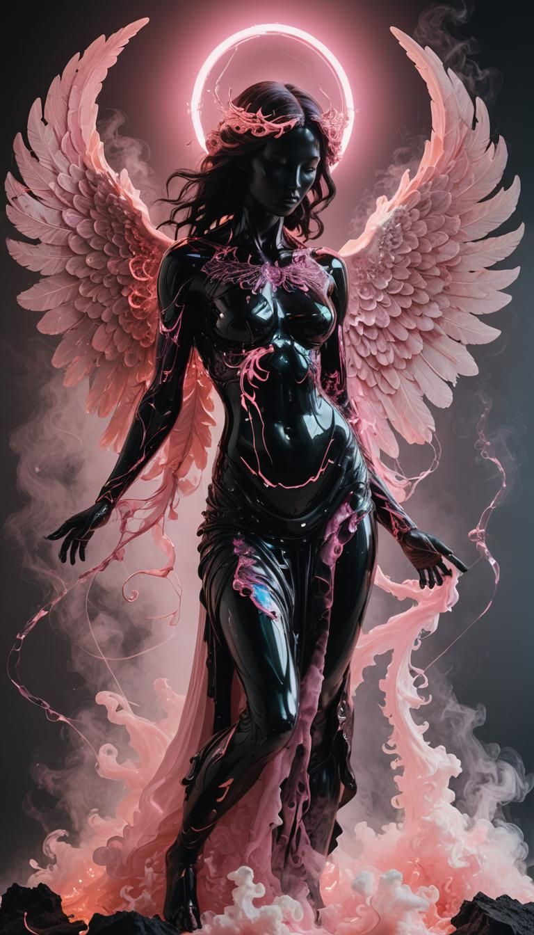 Bionic Angel Woman in Vantablack Marble, Pop-Art Style