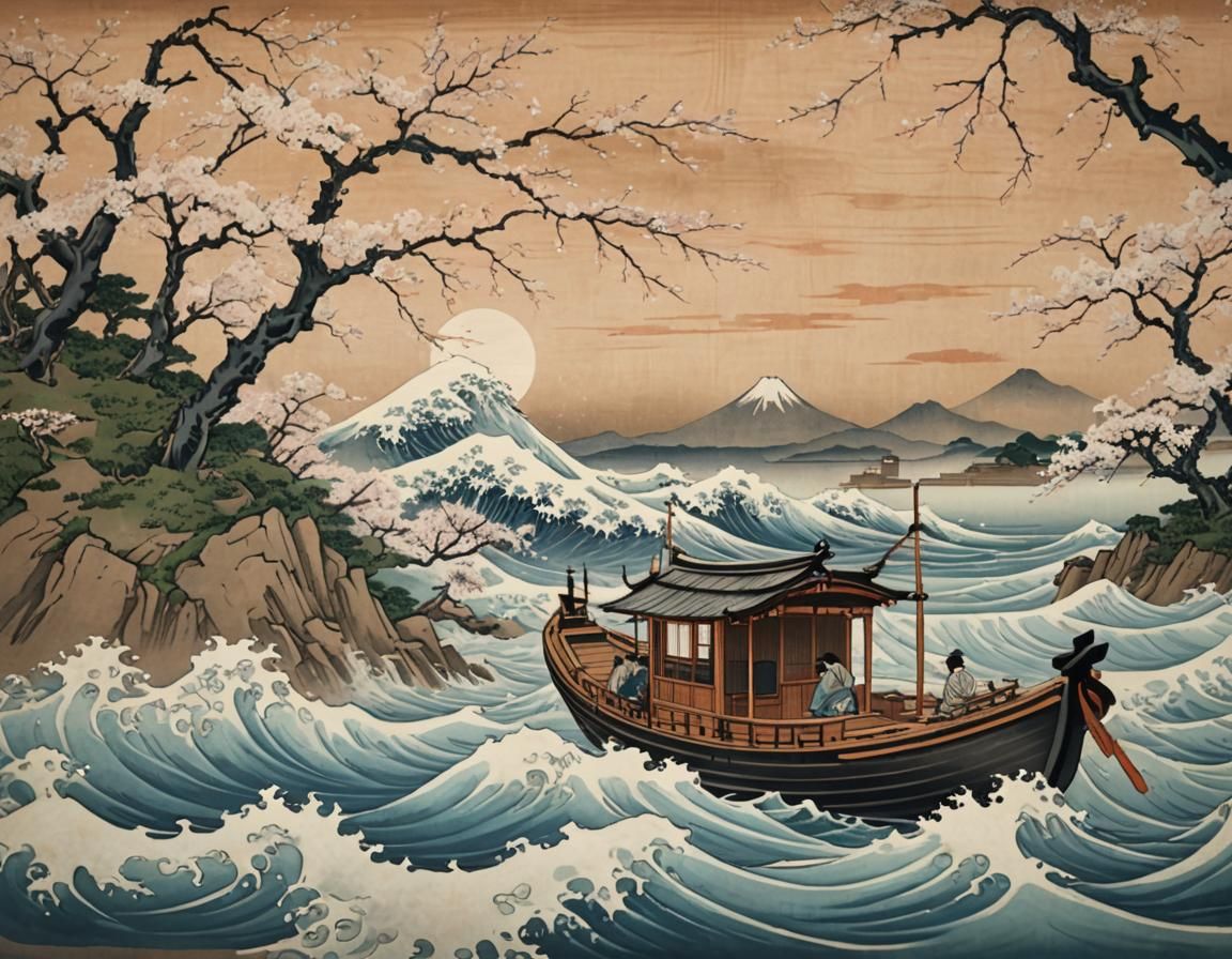 Serene Waves and Cherry Blossoms in Ukiyo-e Style
