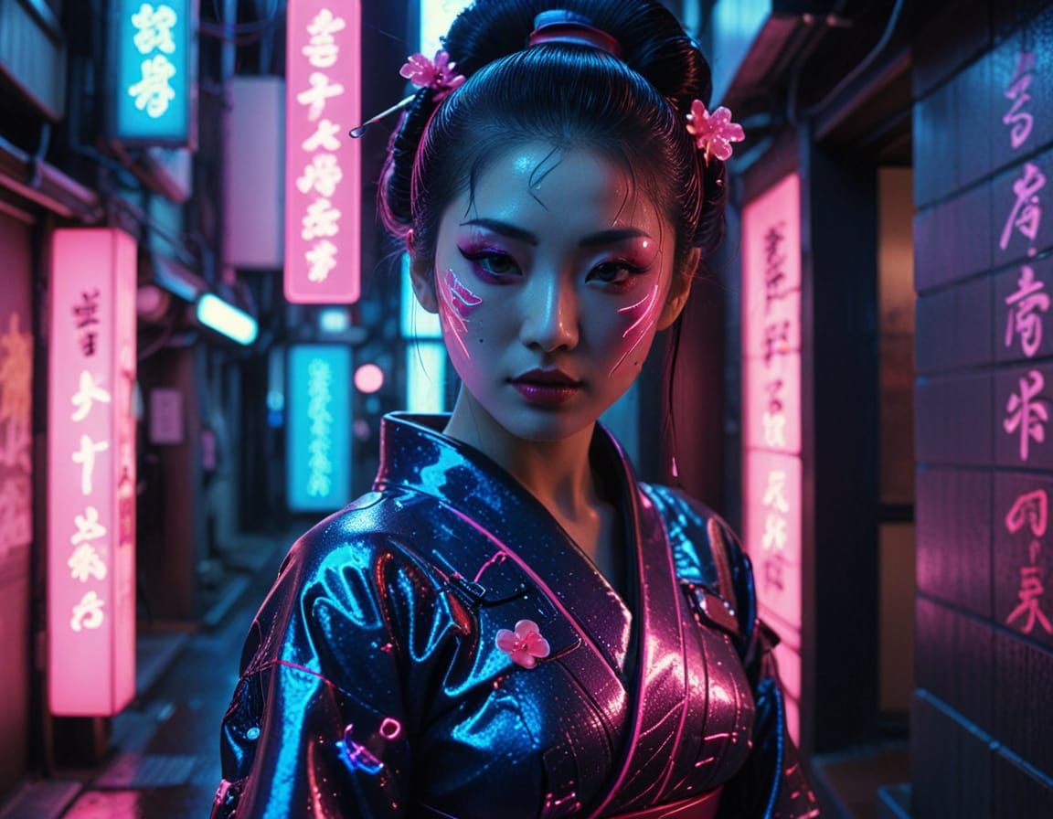 Cyberpunk Geisha in Tokyo Alley with Neon Lighting