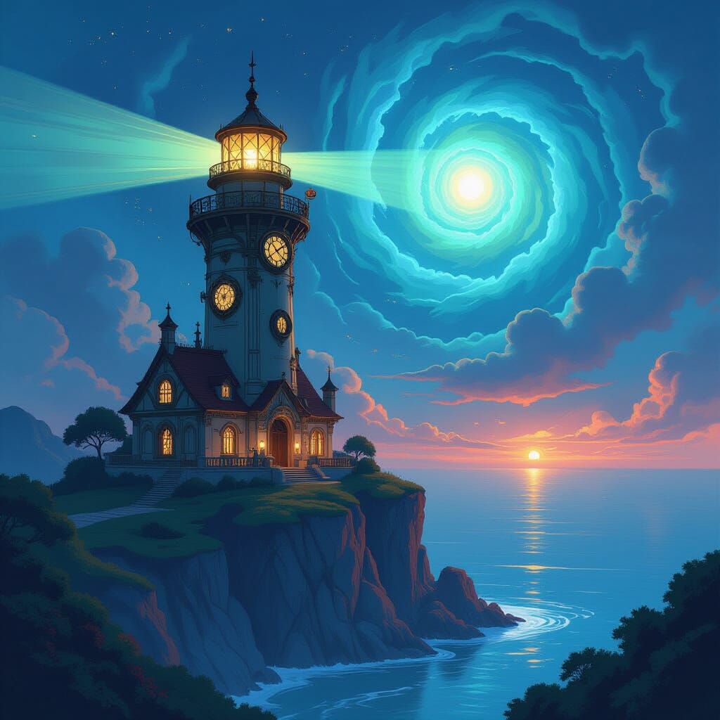 Cosmic Lighthouse in Nebula, Rune & Clockwork City Below