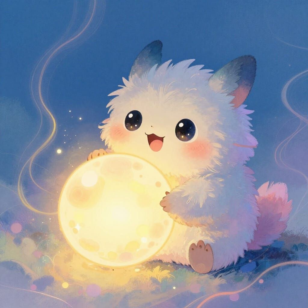 Whimsical Creature Embraces Glowing Orb in Surreal Style