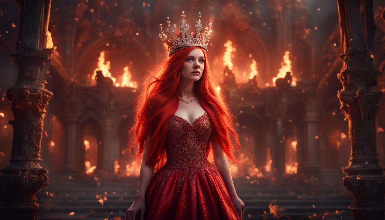 Dutch Painting of Girl in Red Gown Amid Fire