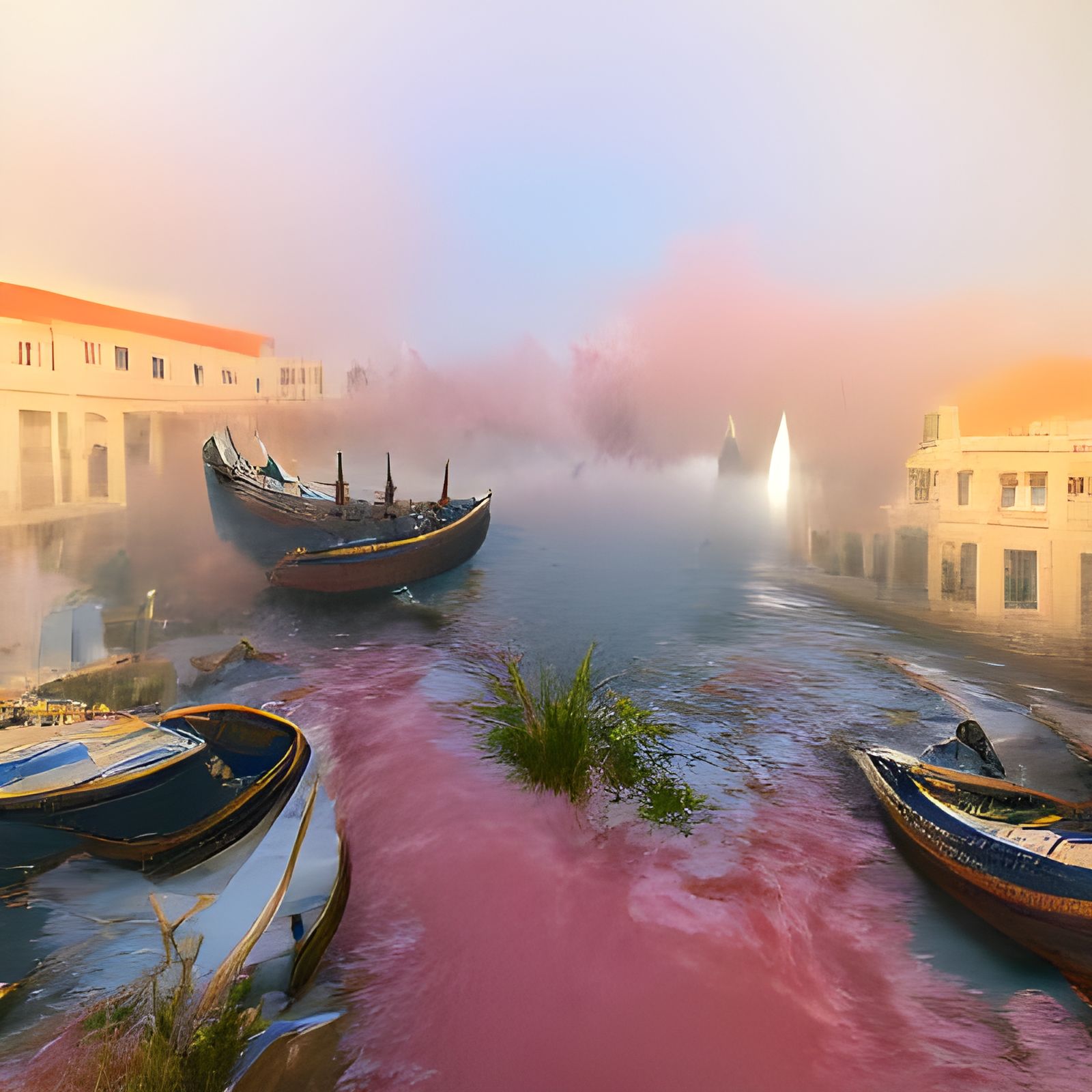Misty Venetian Canal: Hyperrealistic 3D Concept Art