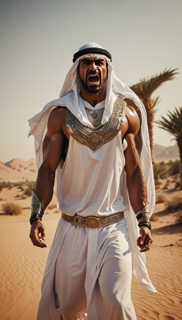 Angry Arab Bodybuilder in Desert Landscape: Cinematic Film S...