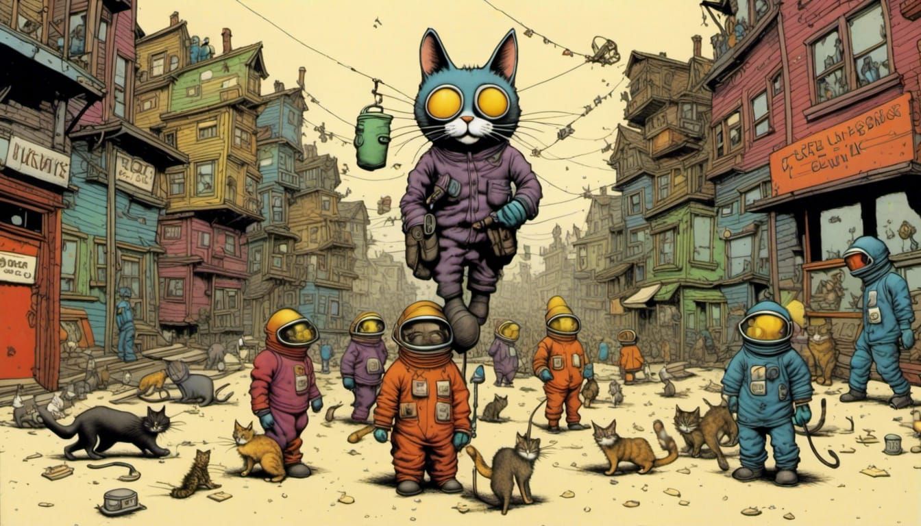 Surreal Slum with Hazmat Suits and Fast Cats