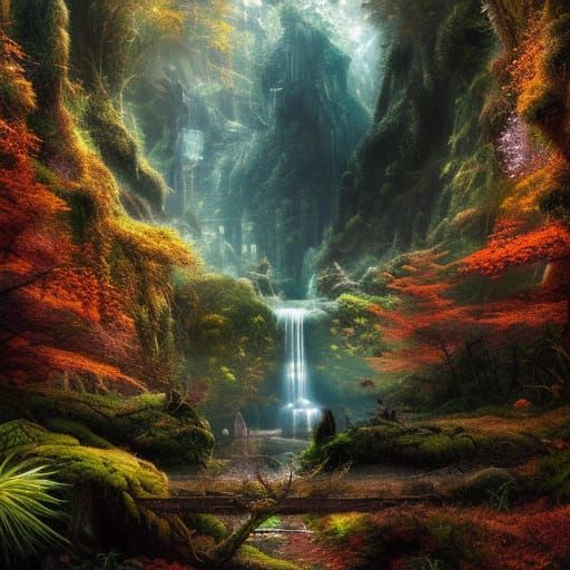 Epic Autumn Waterfall in Fantasy Forest