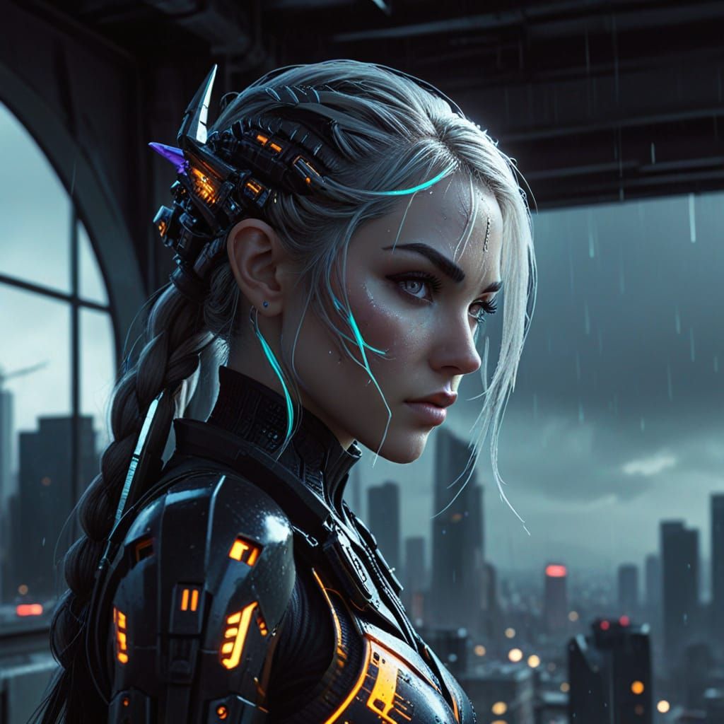 Cyberpunk Elf Queen on Rooftop with Futuristic Rifle