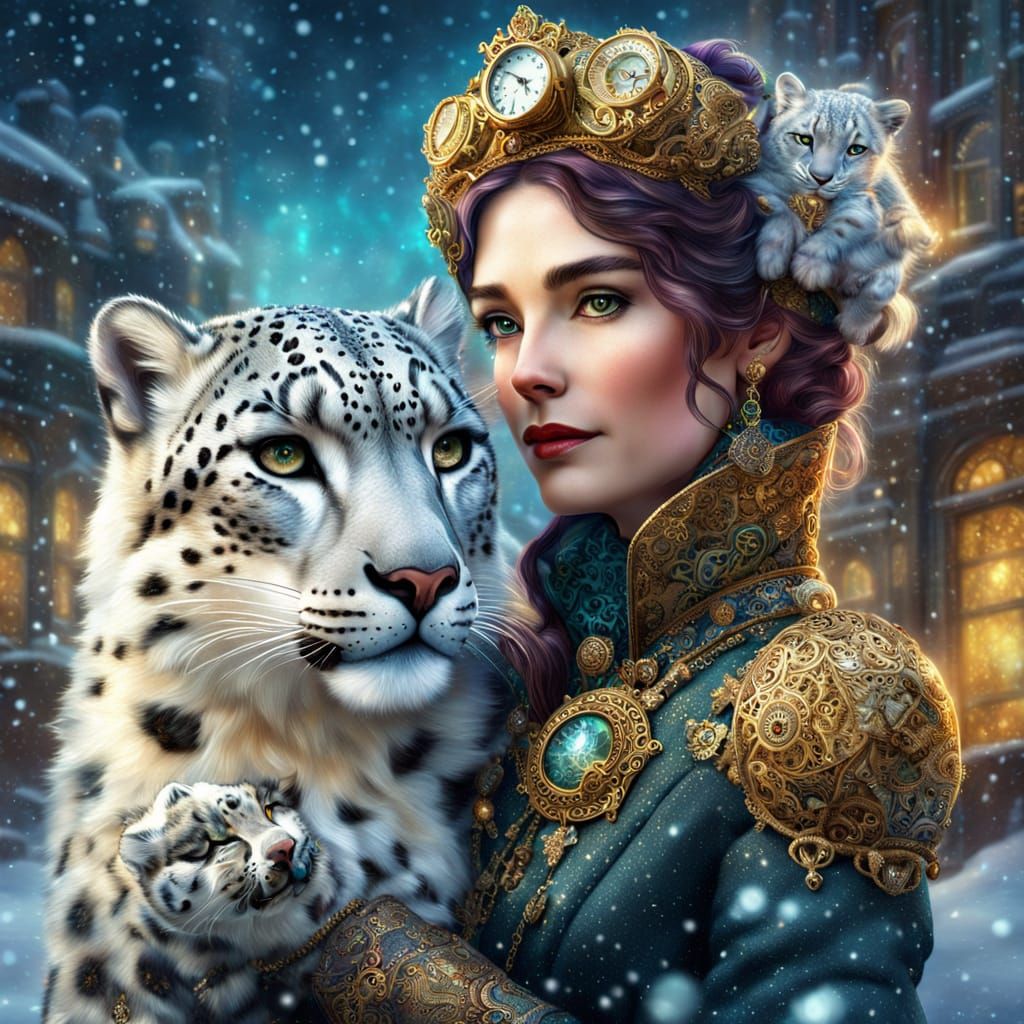 Steampunk Lady with Snow Leopard in Fantasy Style