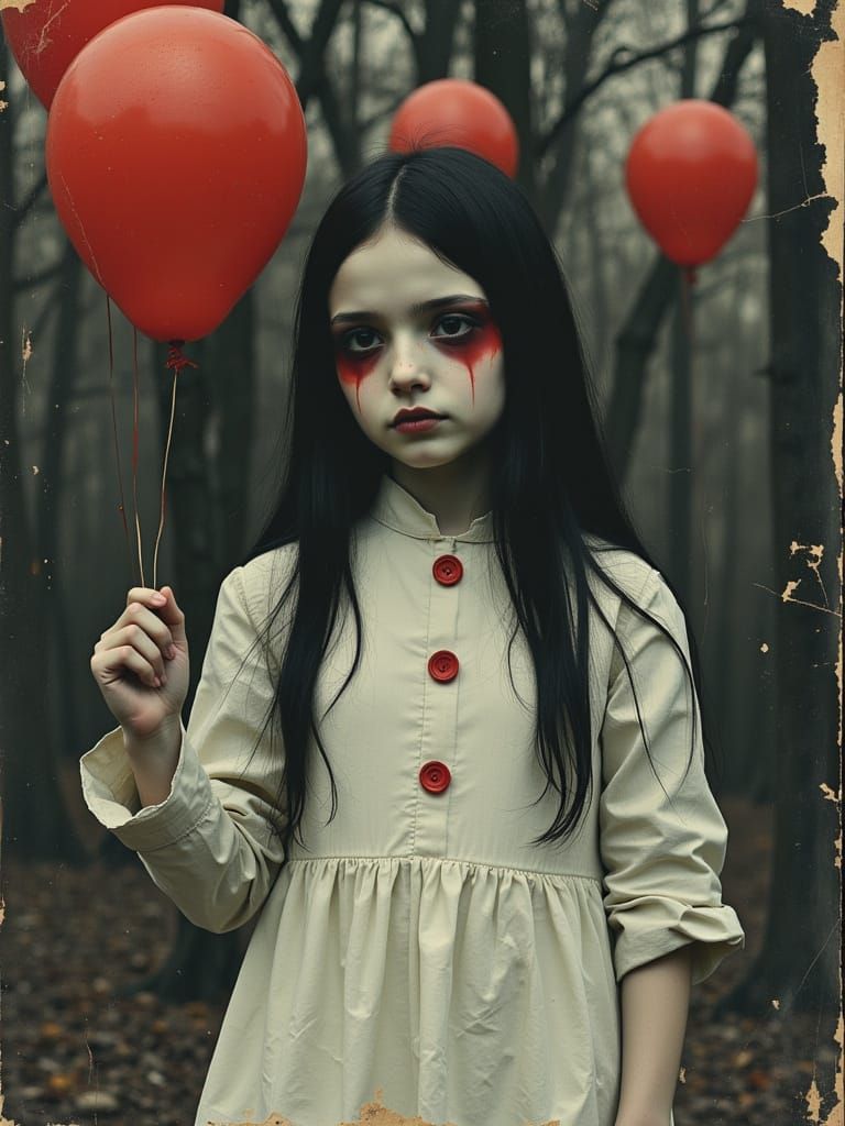 Eerie Girl with Red Balloons in Darkwave Style