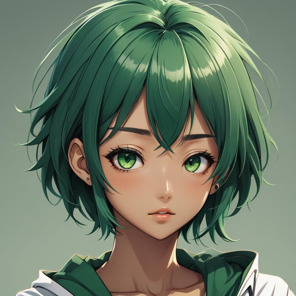 Anime-Style Student with Dark Green Hair