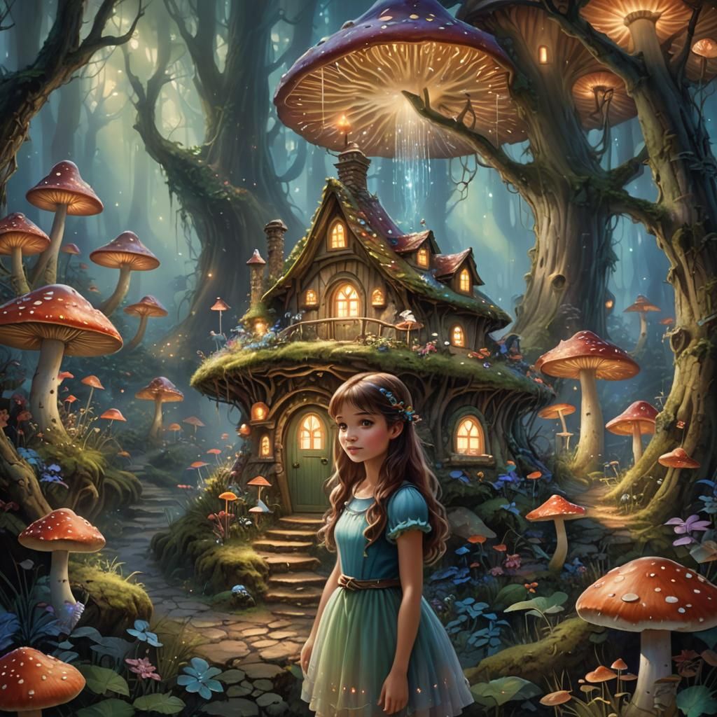 Girl in Mushroom House in Bioluminescent Forest