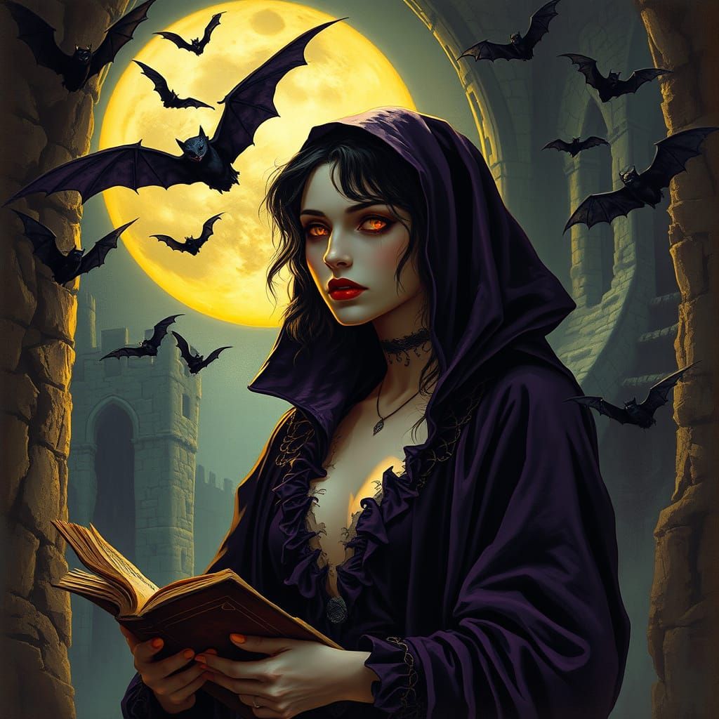 Gothic Vampire in Moonlit Castle, surrounded by Bats and Anc...