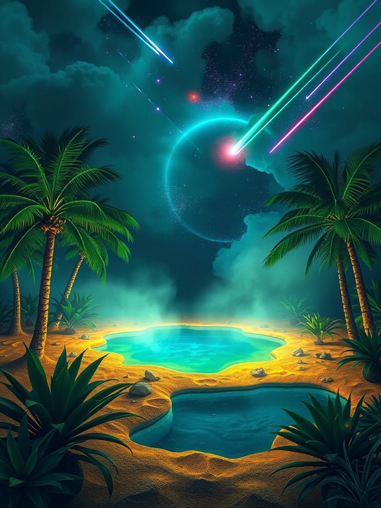 Mystical Oasis with Emerald Palms in Alcohol-Ink Style